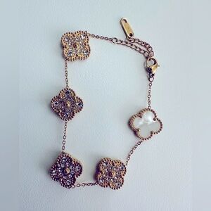 18K Gold Plated Clover Reversible Cubic Zirconia White Mother of Pearl Bracelet